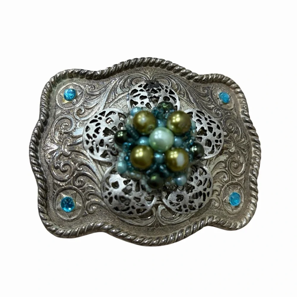 silver belt buckle western Wavy Rectangular Blue Gold Beaded Jeweled Cowboy‎